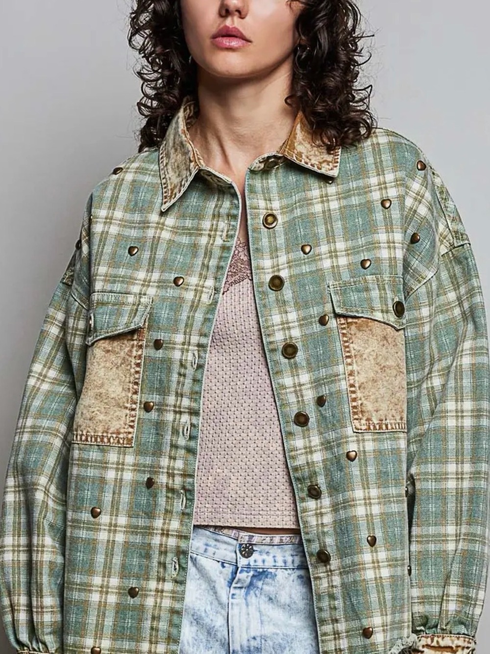 POL Heart Stud Vintage Wash Olive Green & Tan Plaid Shacket NEW FALL WINTER